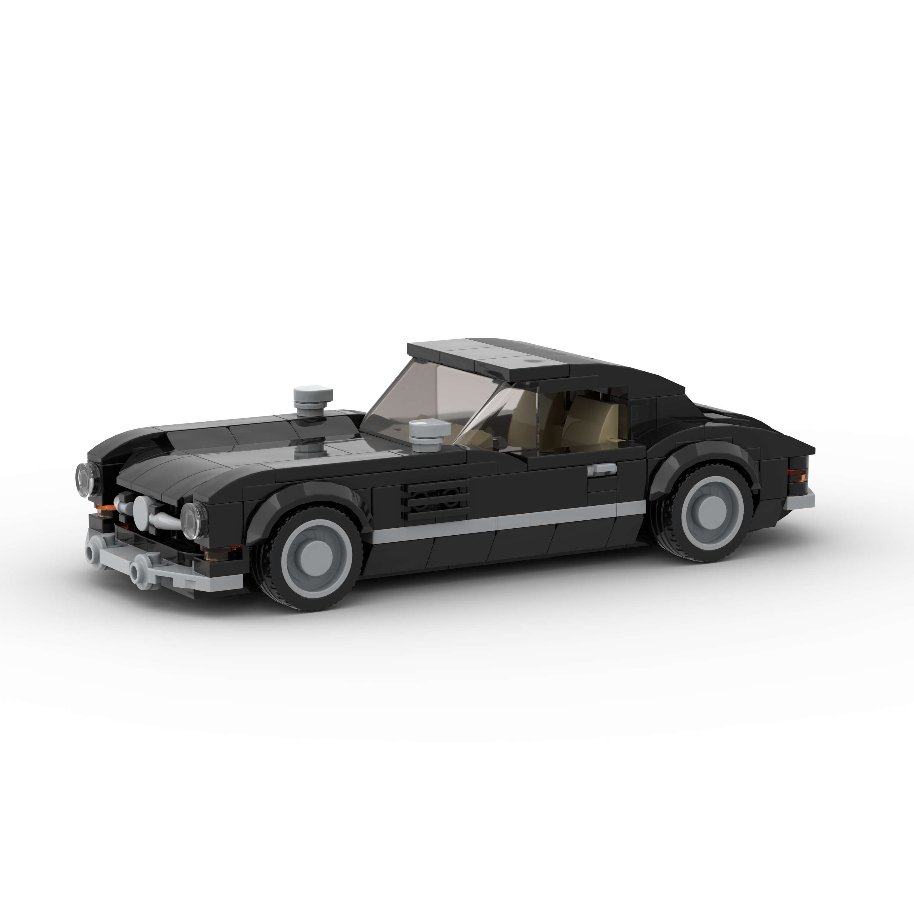 Black convertible car made of interlocking bricks on a white background